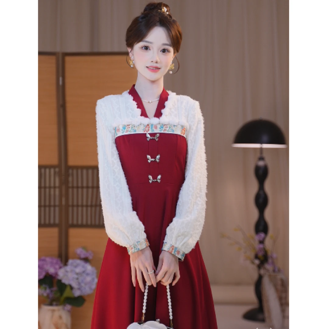 瑶西【暖岁】红色复古长袖裙冬季厚款新中式改良织金汉元素汉服