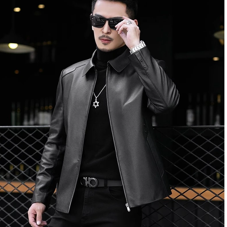 海宁头层小牛皮翻领款真皮皮衣外套春秋休闲时尚高档短款商务