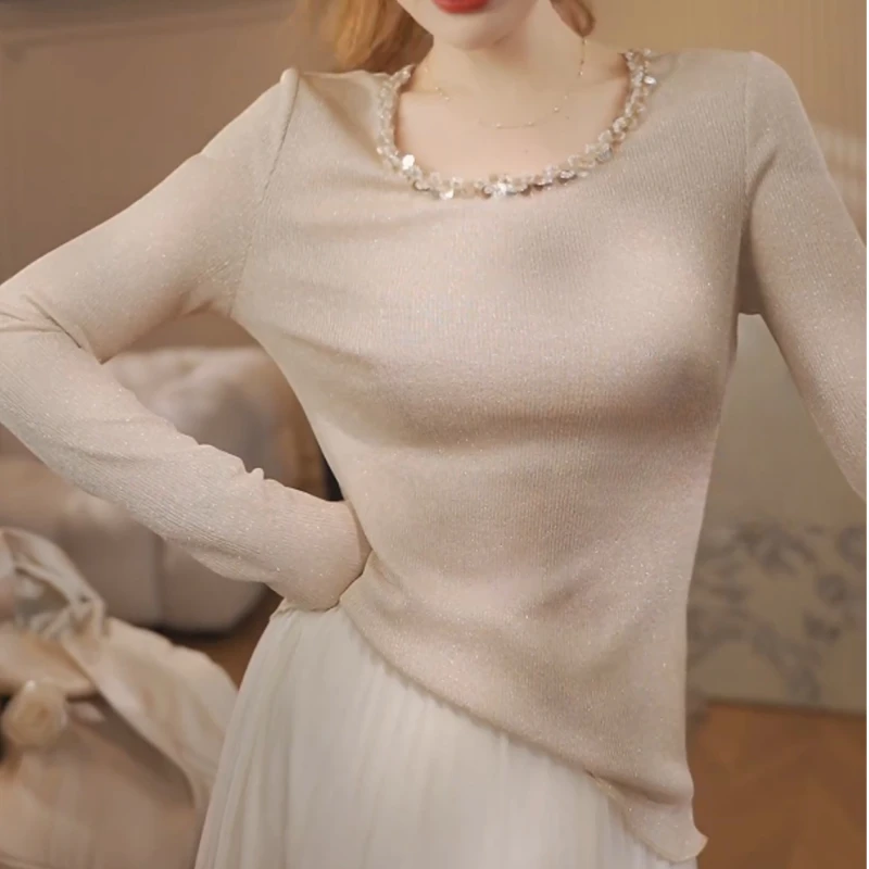 轻奢高级感钉珠针织衫女修身显瘦套头打底衫LK2501686