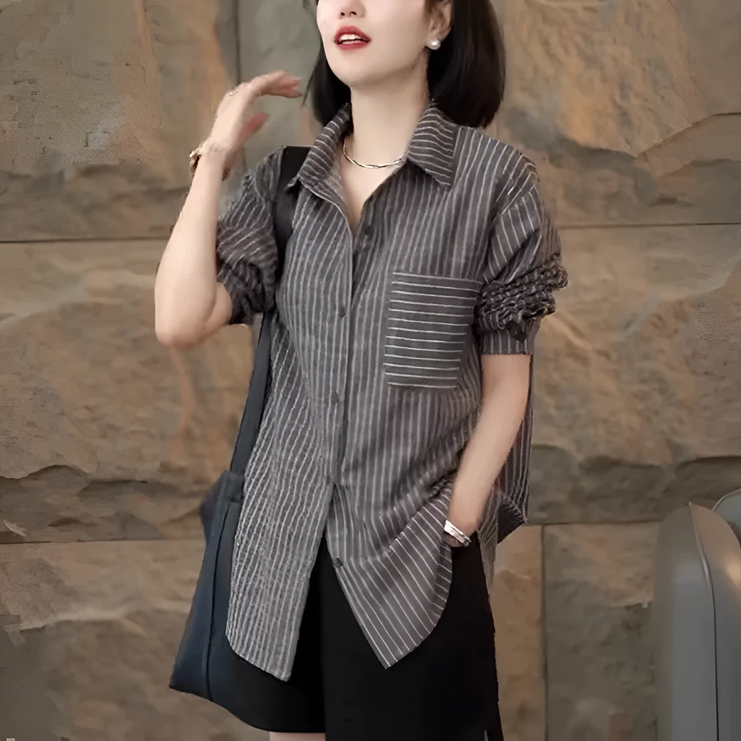 春款长袖外套宽松型设计感开叉衬衫秋季纽扣女装宽松条纹显瘦韩版