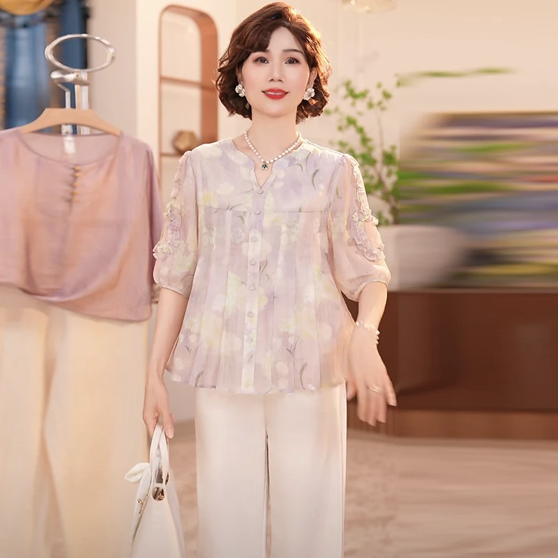 洋气妈妈夏季上衣服套装2025新款洋气中老年女装时尚两件套