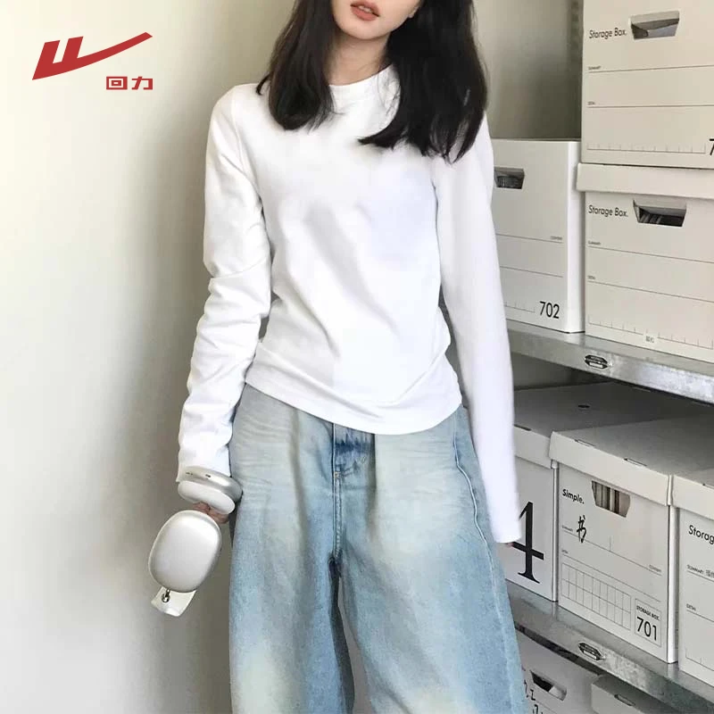 回力2025新款爆款纯色简约100%纯棉长袖内搭早秋季洋气百搭女装