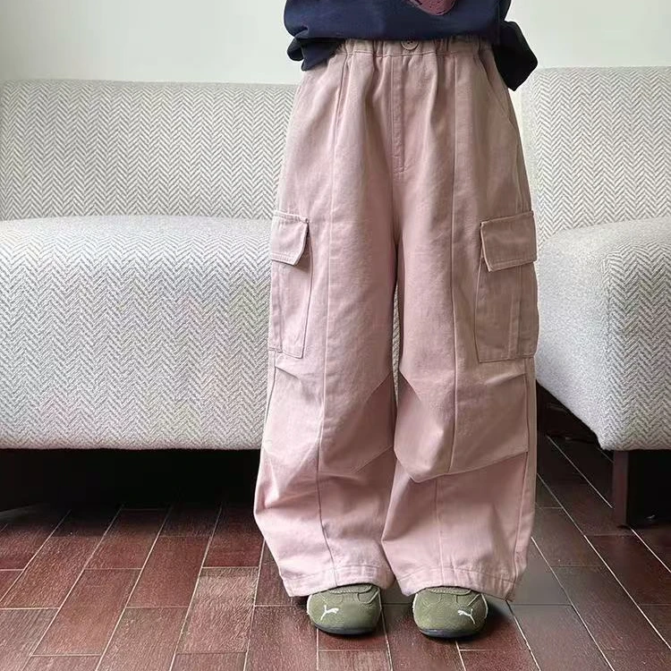 女童秋季洋气纯色拼接两侧口袋帅气休闲工装裤25015