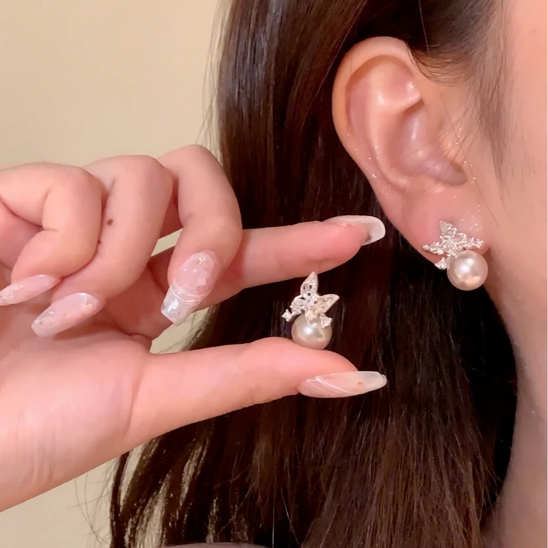 铜合金锆石耳饰 夏日曼塔玫瑰珠珠蝴蝶耳环女气质温柔耳针耳饰