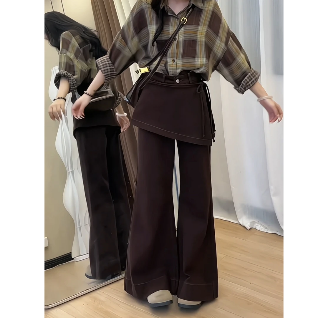 大码咖色屁帘微喇牛仔裤女秋新款胖mm高腰宽松显瘦百搭直筒喇叭裤