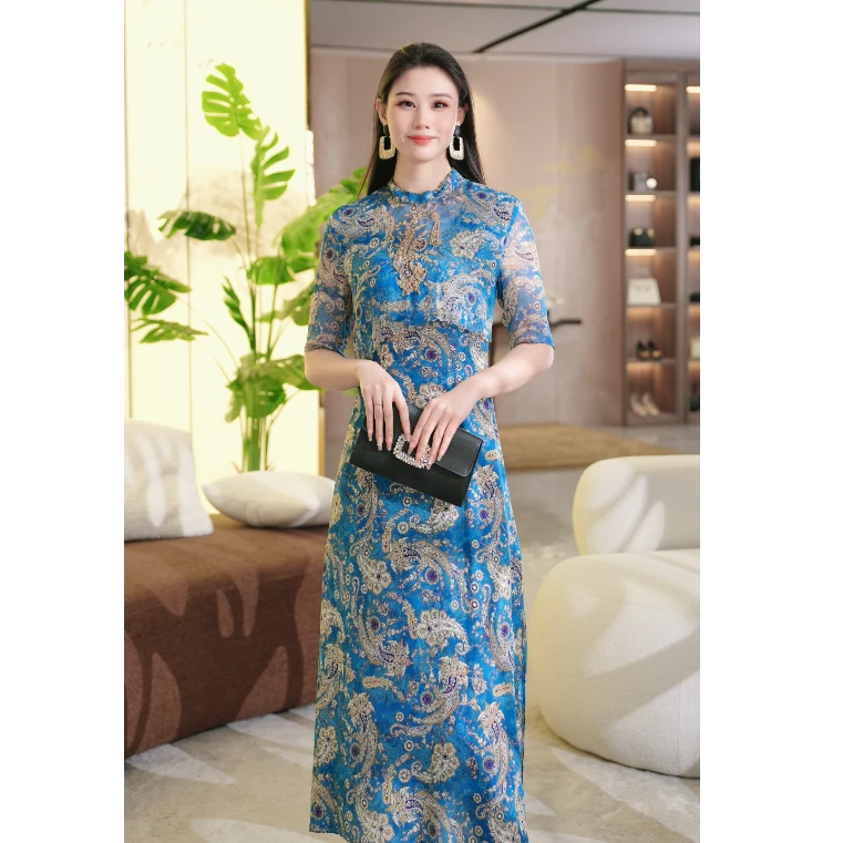 100%桑蚕丝2025夏季高端定制中式复古贵气显瘦连衣裙长款