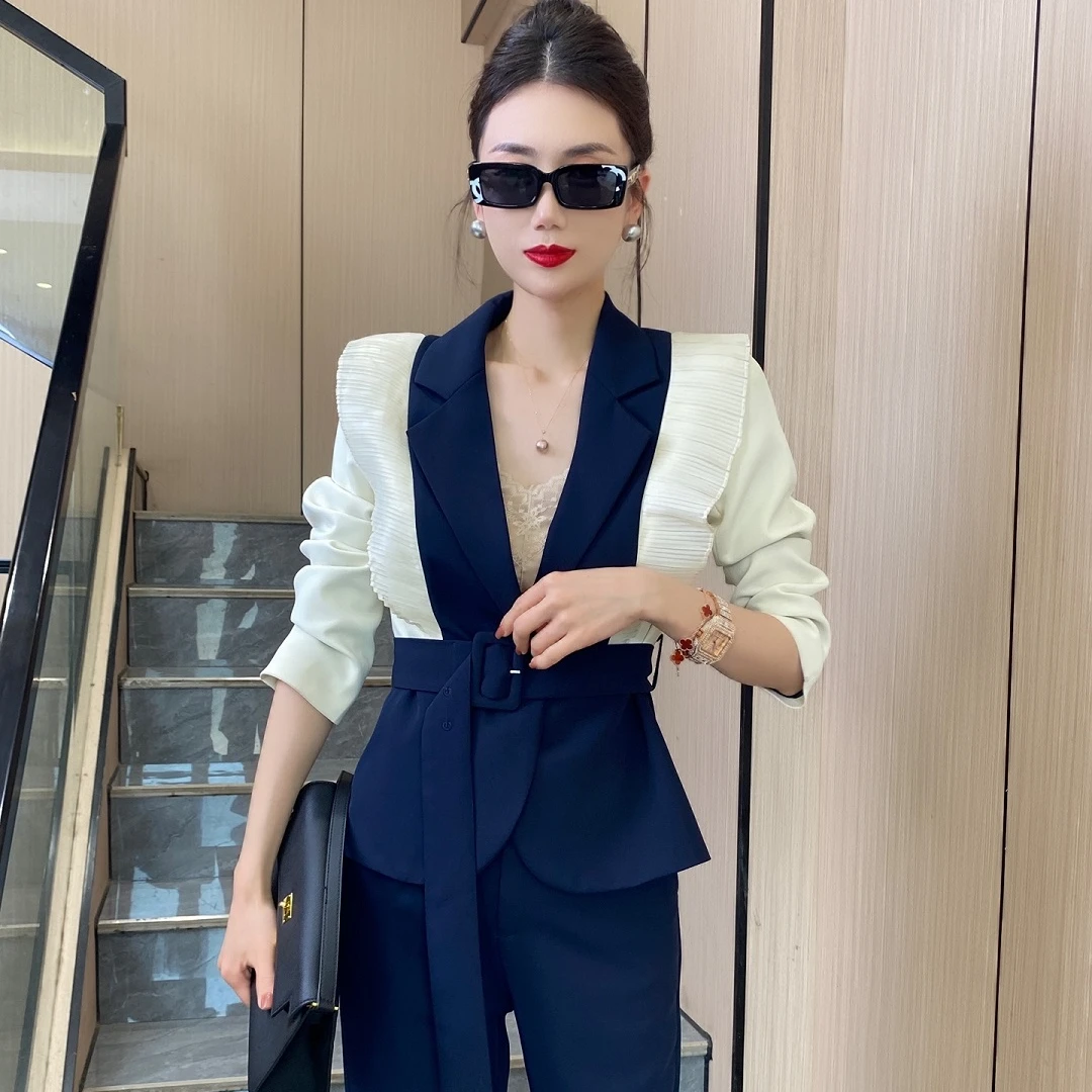 两件套2025春季新款气质撞色收腰西装外套时尚职业女裤套装女装潮