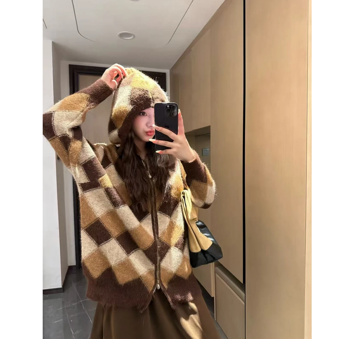 【蜜爷家】秋冬连帽菱格纹毛衣开衫
