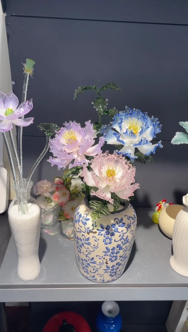 琉璃15牡丹3花1叶 送花瓶