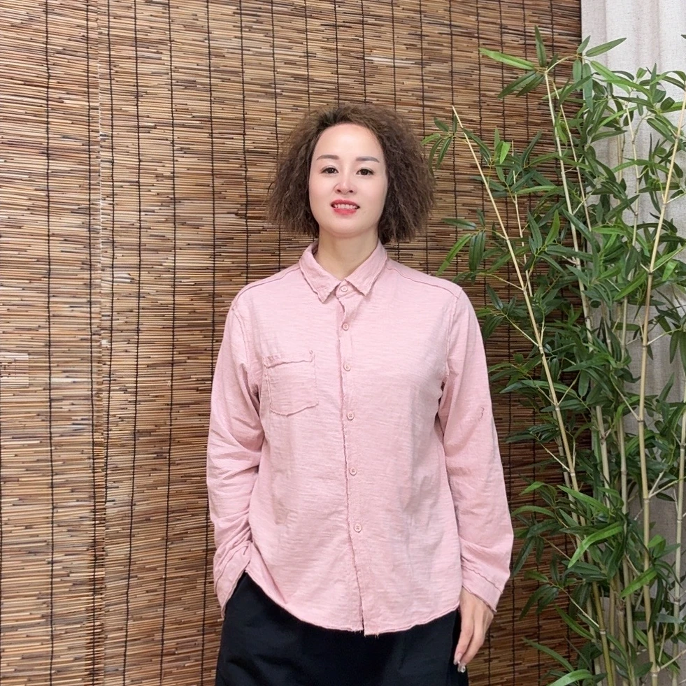 2025新款纯色毛边棉料翻领衬衫休闲简约百搭洋气女