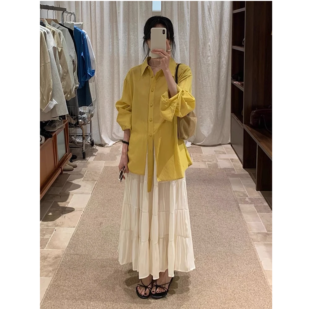 慵懒复古感气质黄色衬衫2025春季新款显瘦Polo领气质上衣女