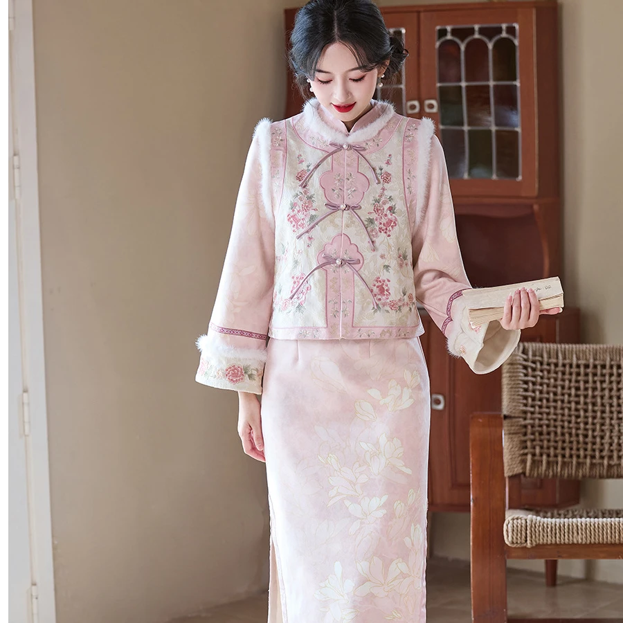 月腕凝温柔清雅双色重工刺绣马甲秋冬旗袍裙子女中国风日常中长款