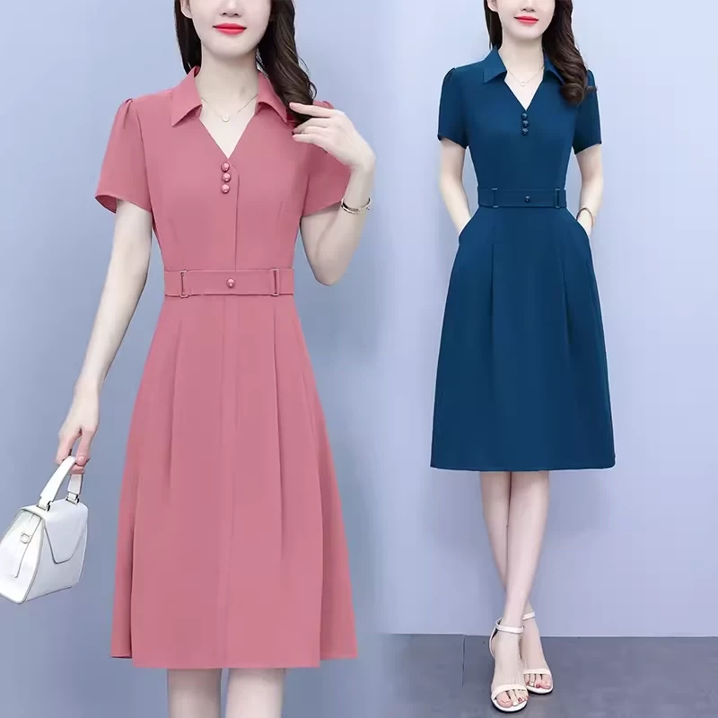 时尚职业短袖连衣裙女神妈妈气质减龄收腰超显瘦中长裙子夏季新款