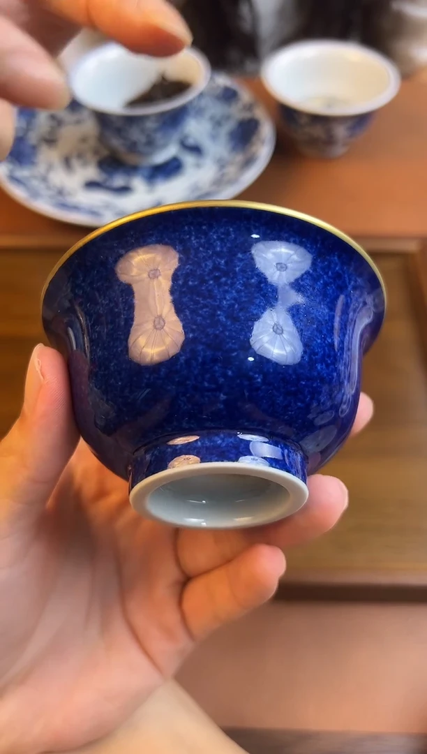 问青坊纯手工单色釉洒蓝柴窑压手杯