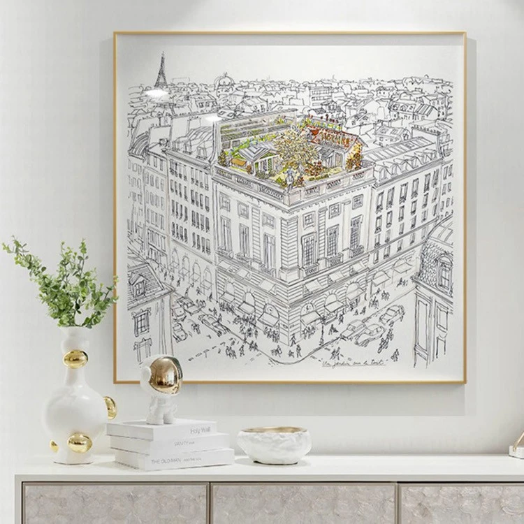 空中花园屋顶进门玄关走廊挂画手稿素描建筑装饰画客厅金边落地画