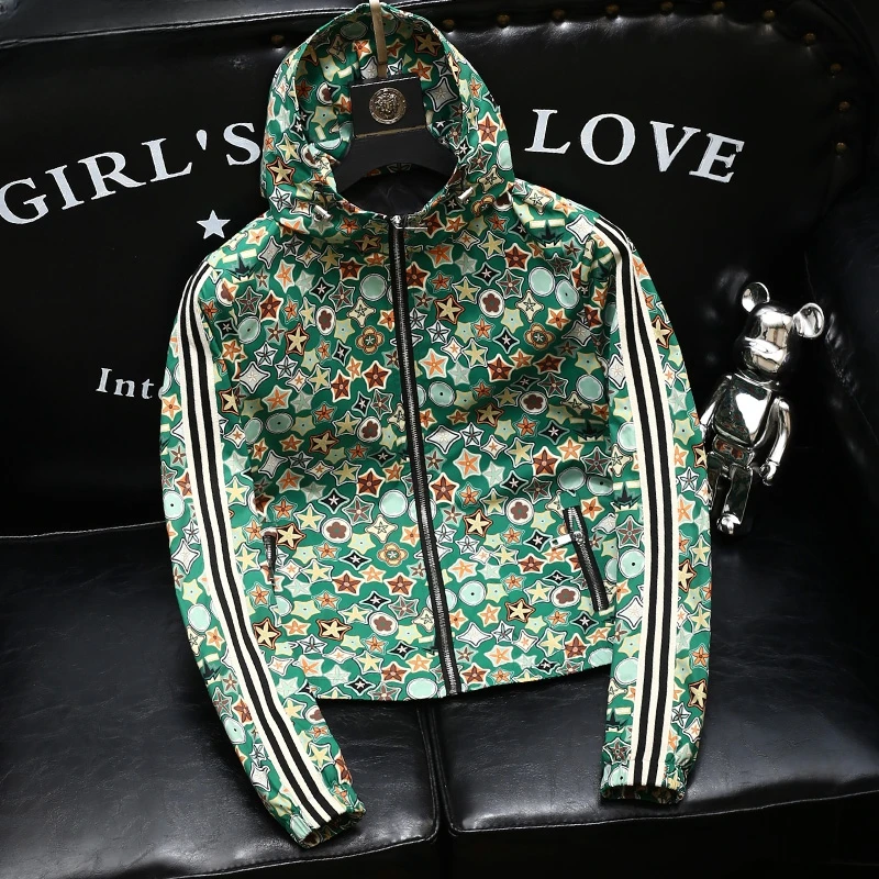 内米霍切轻奢潮流欧货春秋款男士夹克连帽个性印花百搭休闲外套