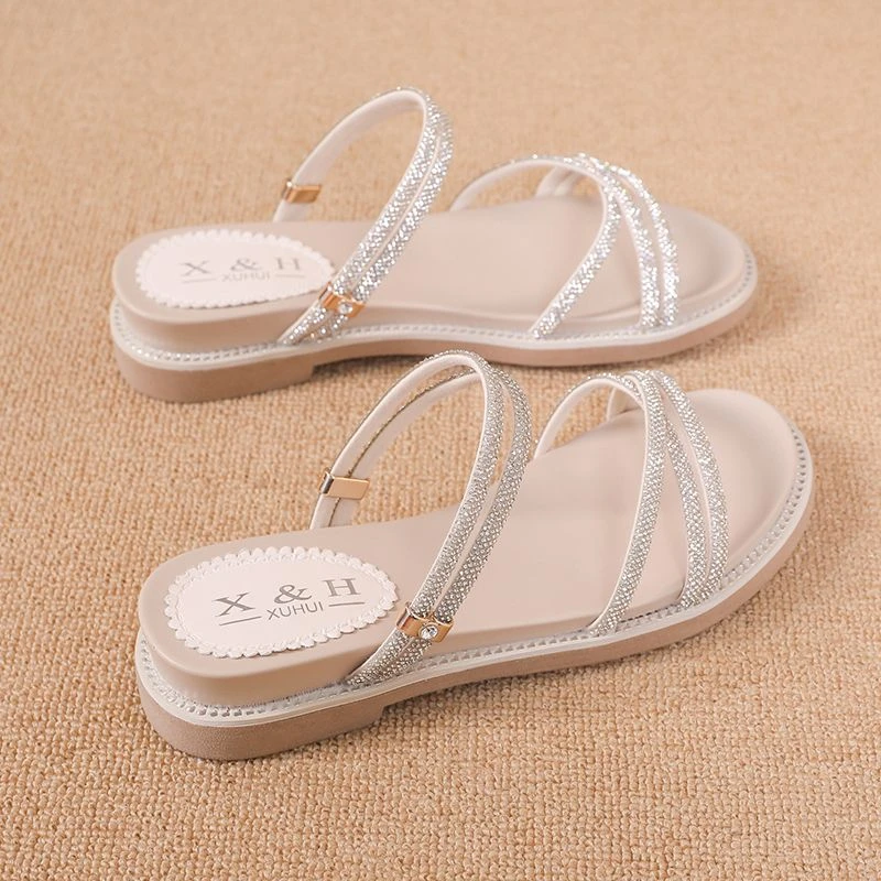 东大门两穿凉鞋女2025夏季新款外穿百搭平底沙滩水钻仙女风凉拖鞋