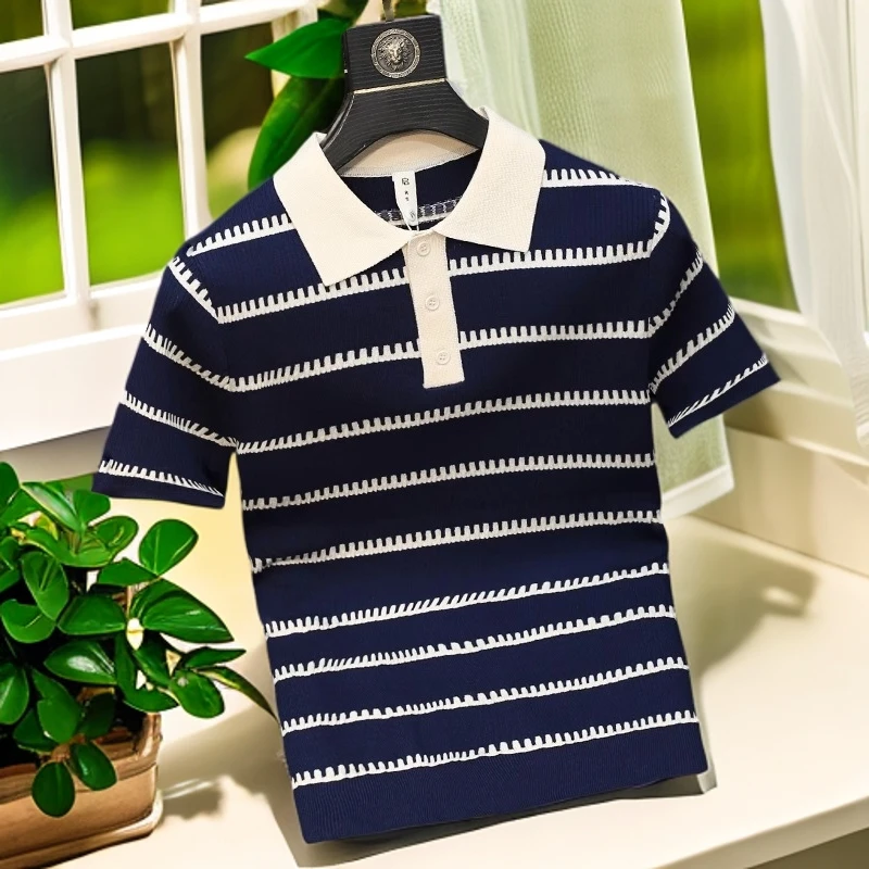 娜罗普西翻领条纹个性简约短袖毛衣男士青年修身韩版透气针织毛衫