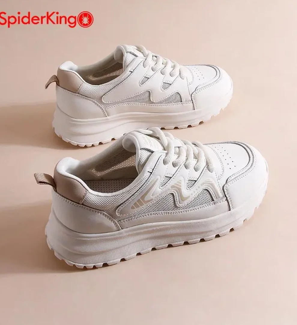 蜘蛛王女鞋2025夏季网面透气真皮厚底小白鞋百搭休闲运动老爹鞋女
