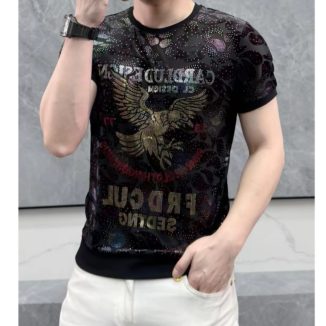 夏季新款男士时尚潮流轻奢高品质冰丝炫彩雄鹰修身休闲圆领短袖