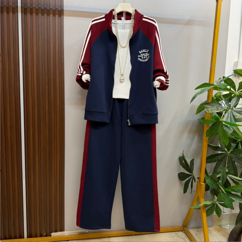 初秋微胖大码新款撞色拼接时尚洋气运动风休闲外套十阔腿裤两件套