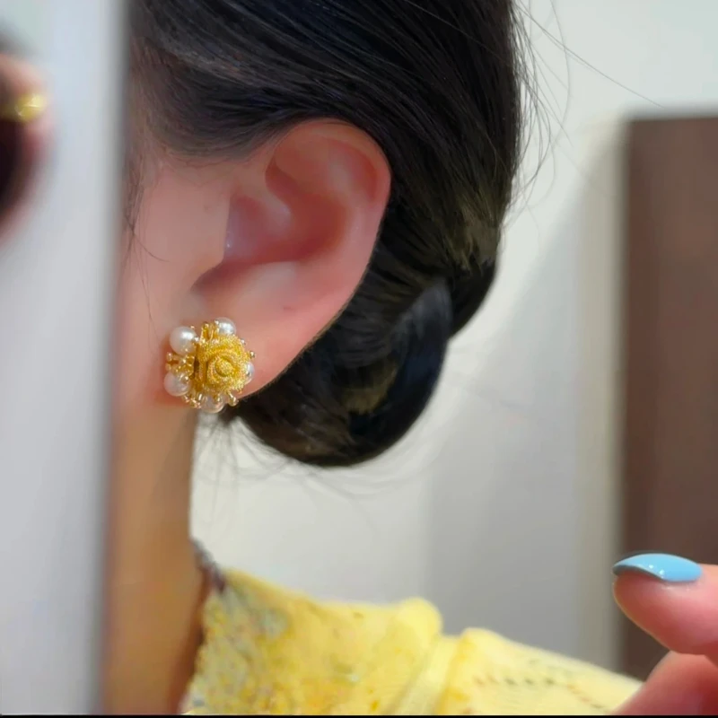 合金耳饰 温柔法式独特气质黄色玫瑰花珍珠耳钉小巧精致百搭耳饰