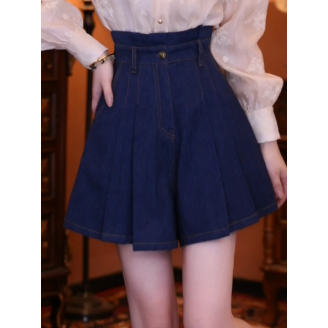 牧子【深港蓝海】复古百搭显瘦高腰女装裙裤01658