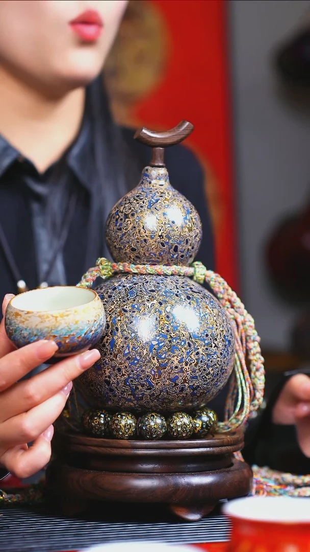 【闪购商品】JL051臻选大漆酒葫芦带白蓝主人杯