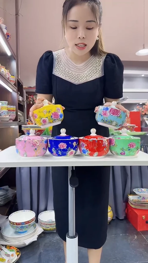 瓷片牡丹花卉炖盅6只装景德镇陶瓷