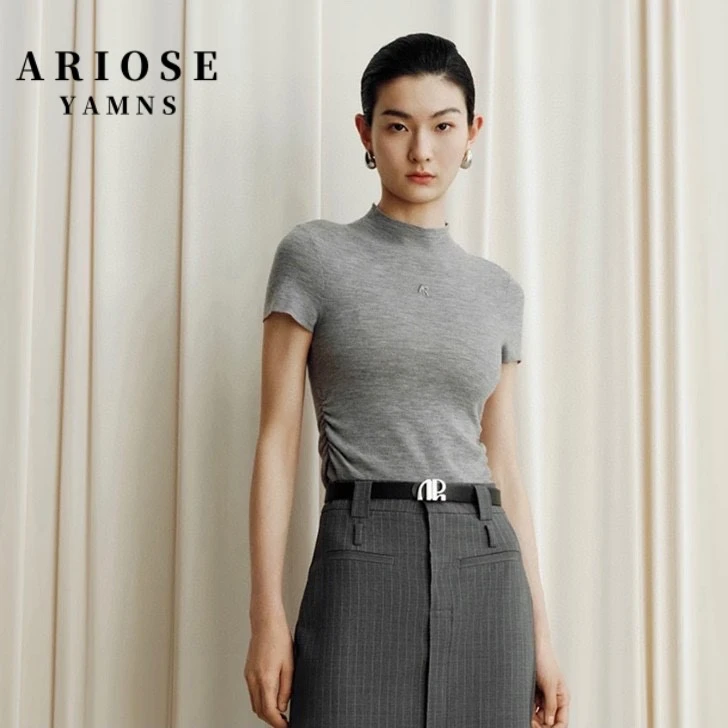 艾诺丝商场同款轻奢女士时尚半高领百搭简约短袖针织衫夏季圆领