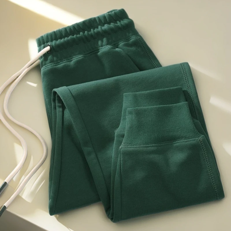 卫裤女纯棉墨绿色春秋款潮宽松美式休闲抽绳毛圈裤运动束脚裤子女