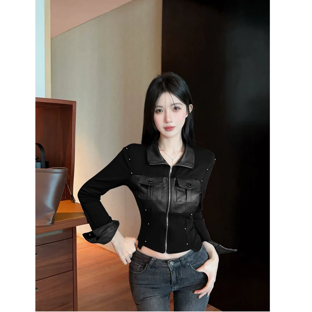 纯欲辣妹PU皮拼接上衣设计感显瘦修身短款外套
