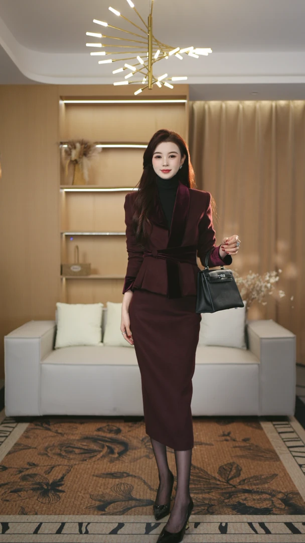 罗曼定制 高定原创冬新紫色长袖厚款丝绒领呢子上衣+包臀裙套装女