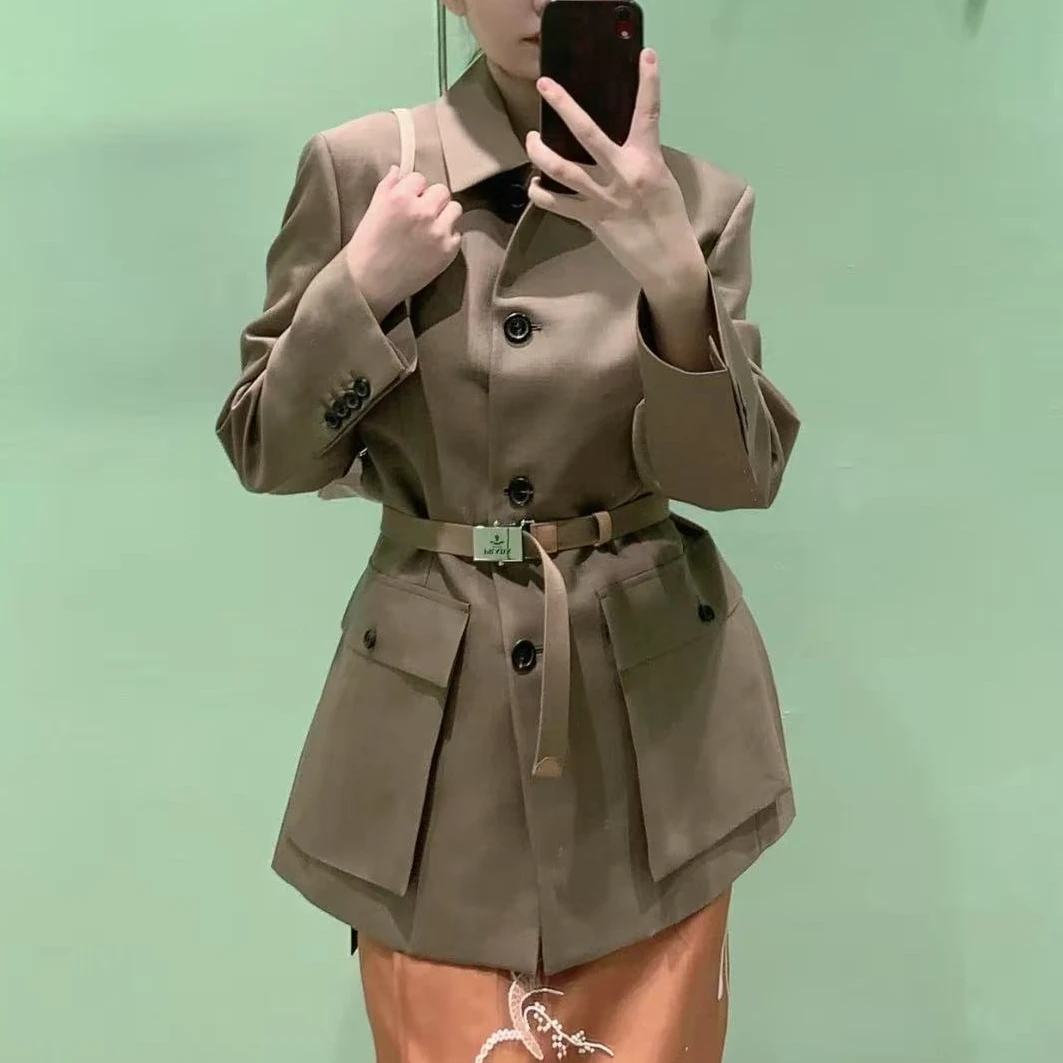 未使用 Prada/普拉达 纯色翻领腰带修身中长款夹克外套