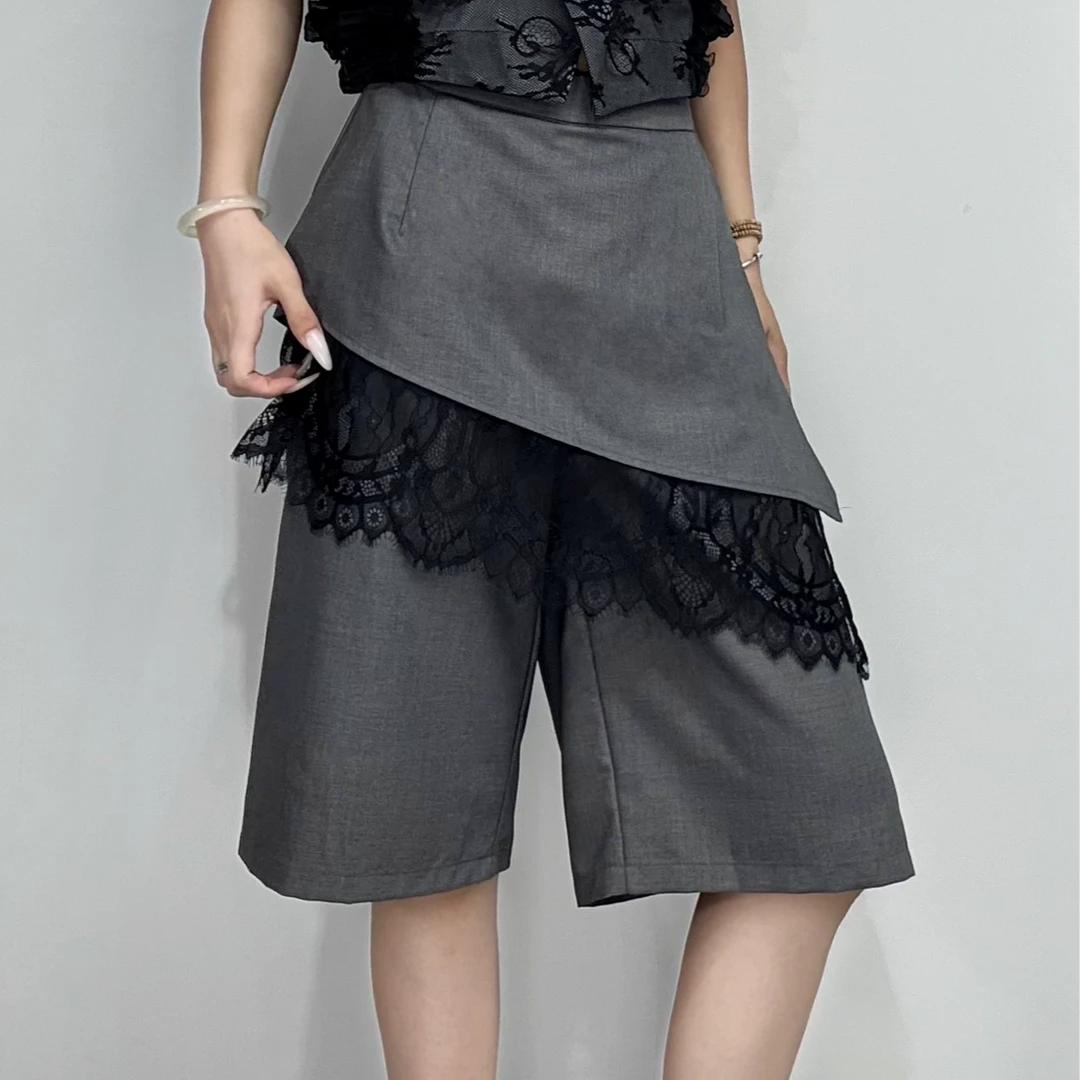 3209#670中裤阔腿裤夏季新款蕾丝裙拼接遮肉显瘦百搭网红六分