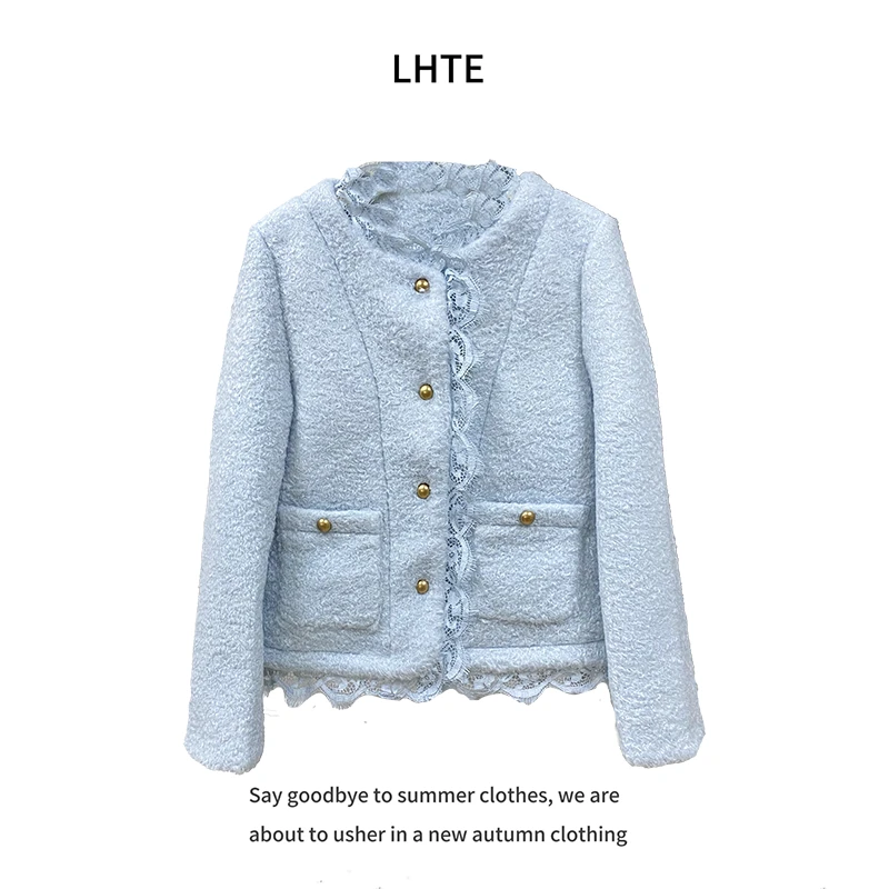 青青大码女装韩版蓝色小香风气质胖MM藏肉显瘦外套女秋冬季A0983