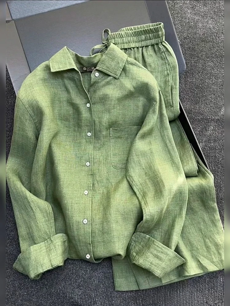 2025新款老钱风休闲洋气时尚减龄高级感绿色衬衫长裤两件套装女春