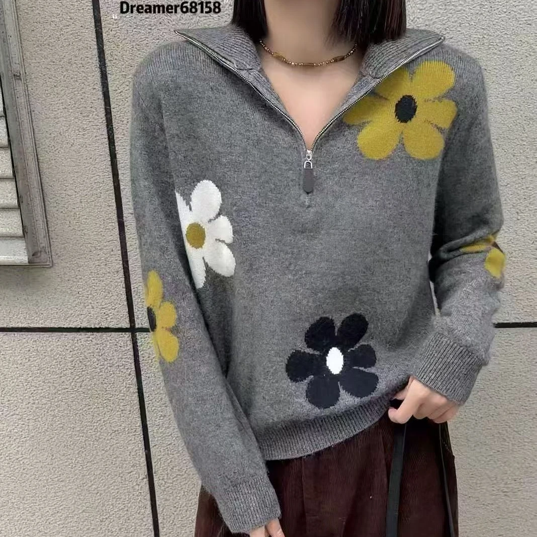 秋冬新款高领半拉链拼色绣花宽松长袖针织衫S172