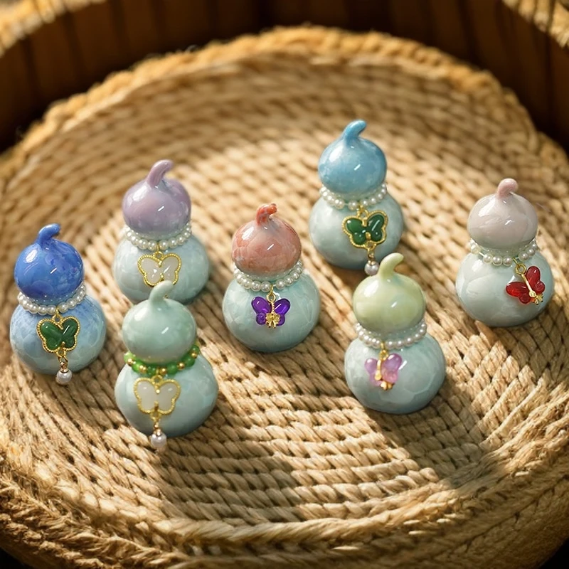 景德镇结晶釉小葫芦摆件陶瓷多彩小清新茶宠车挂件转圈陶瓷葫芦