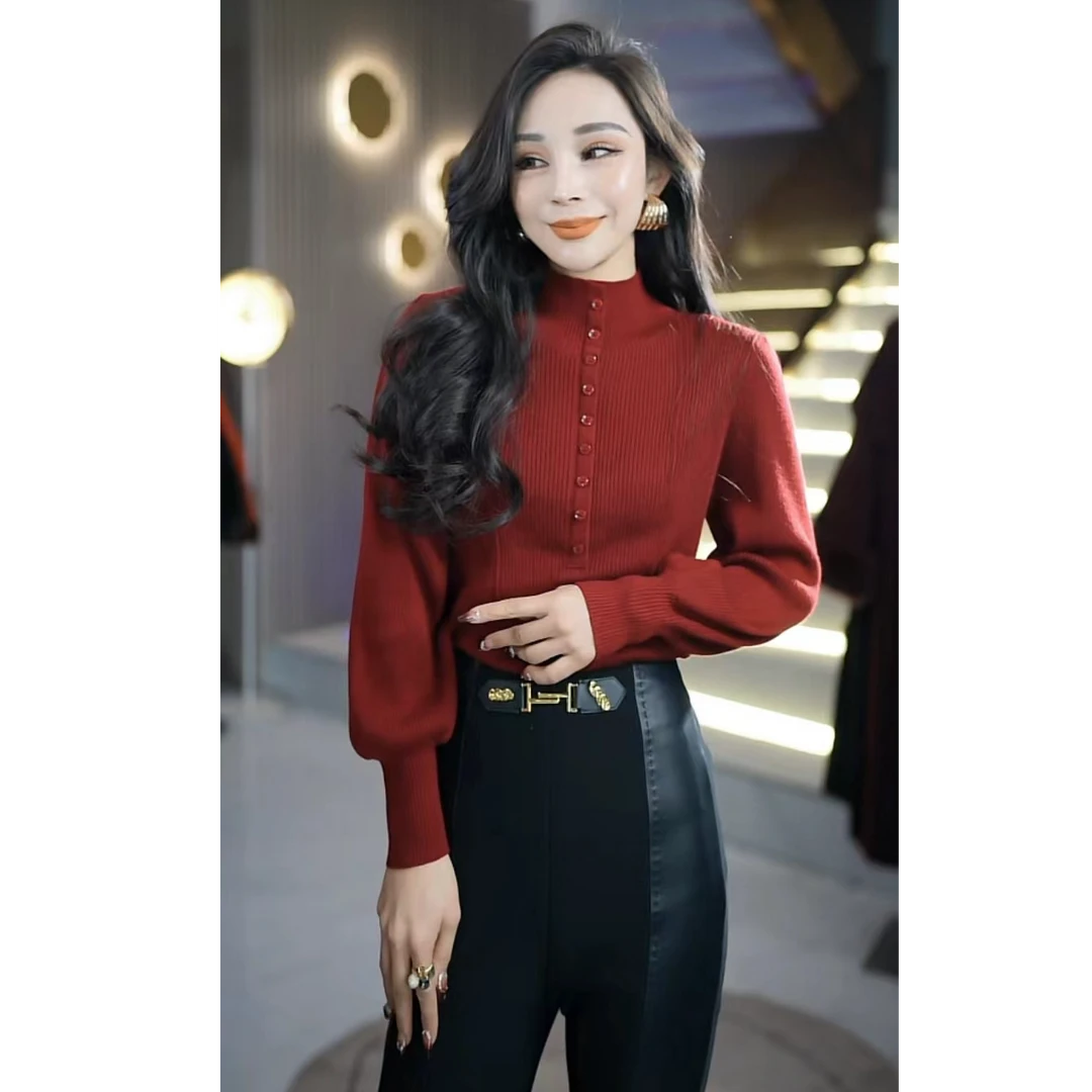 轻奢时尚休闲气质百搭灯笼袖开扣中领长袖针织衫毛衣6W3+62258