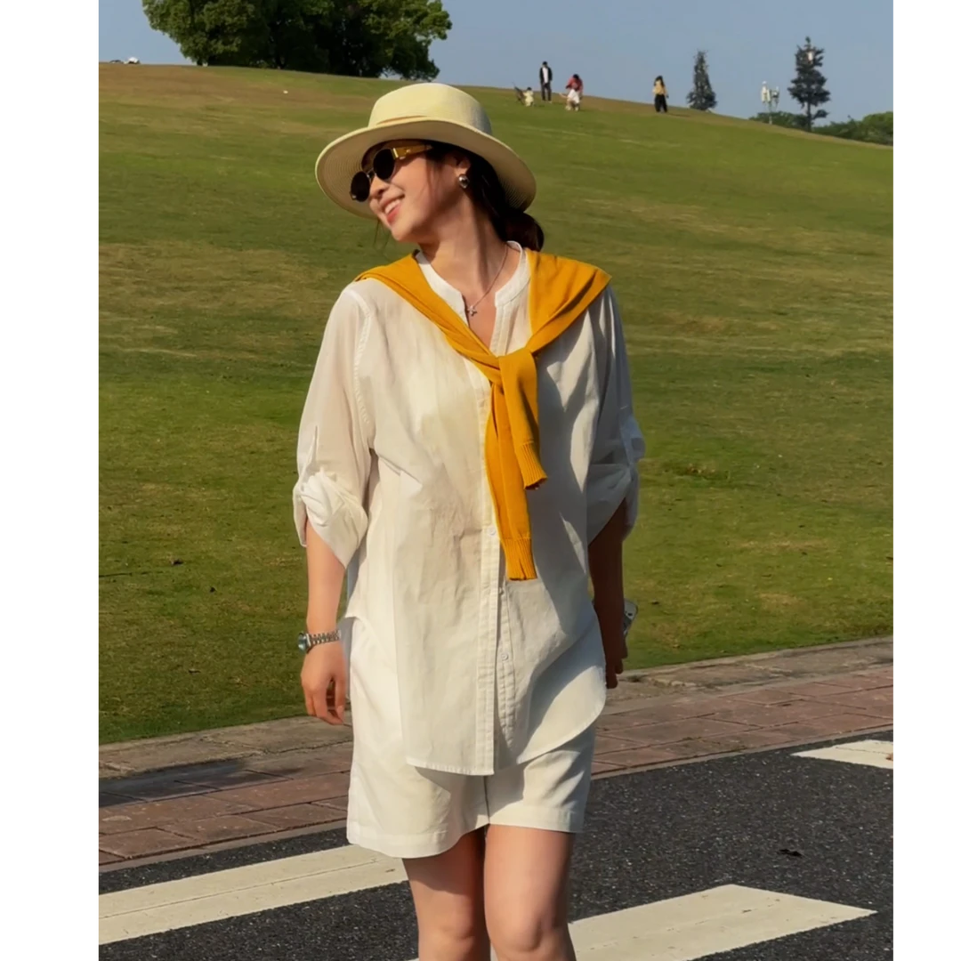 衬衫女夏季白色气质百搭宽松休闲老钱极简风亚麻长袖短裤套装