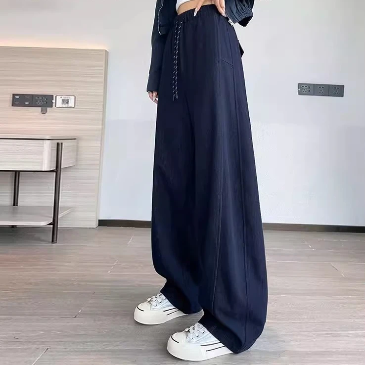藏蓝色弯刀休闲裤女春秋2025新款松紧腰抽绳高腰遮胯宽松阔腿裤子