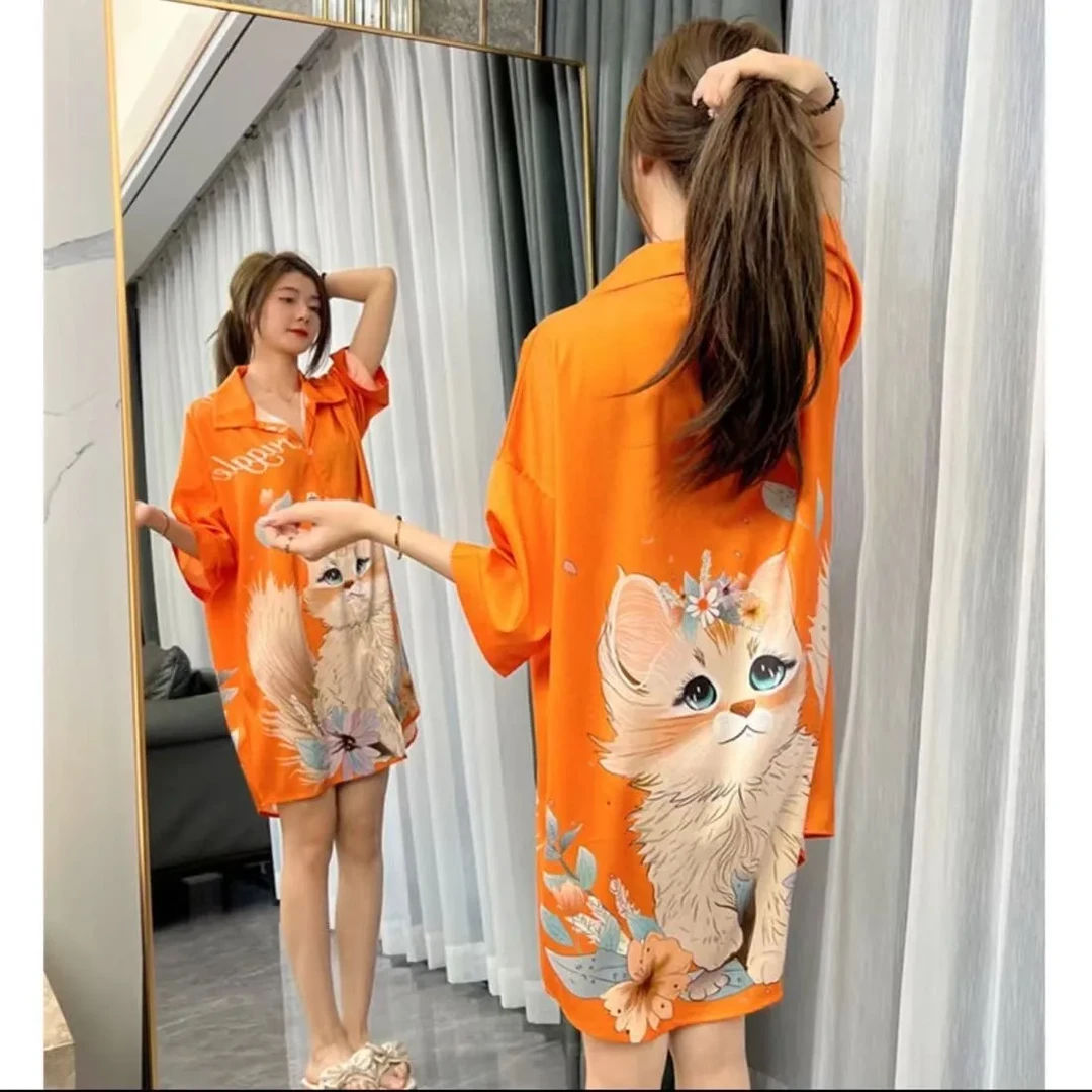 纯欲风新款冰丝睡裙女2025年夏季衬衫睡衣裙短裤套装特大码家居服