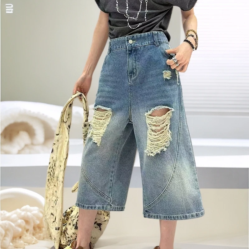 大窦窦胖妹大码时尚女高腰秋季都市洗彩绘牛仔裤宽松夏季裤子毛边