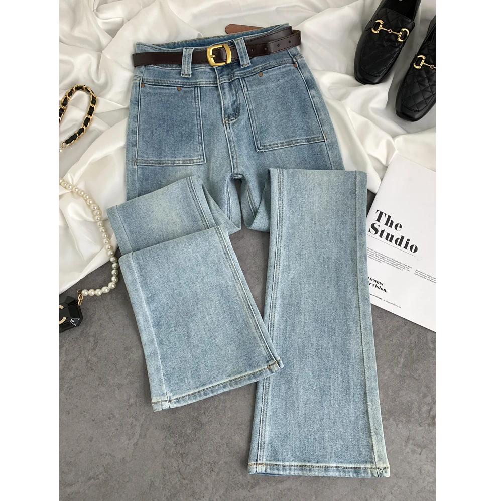 D060-7325大口袋高腰显瘦弹力牛仔裤女春秋季新款修身微喇裤百搭