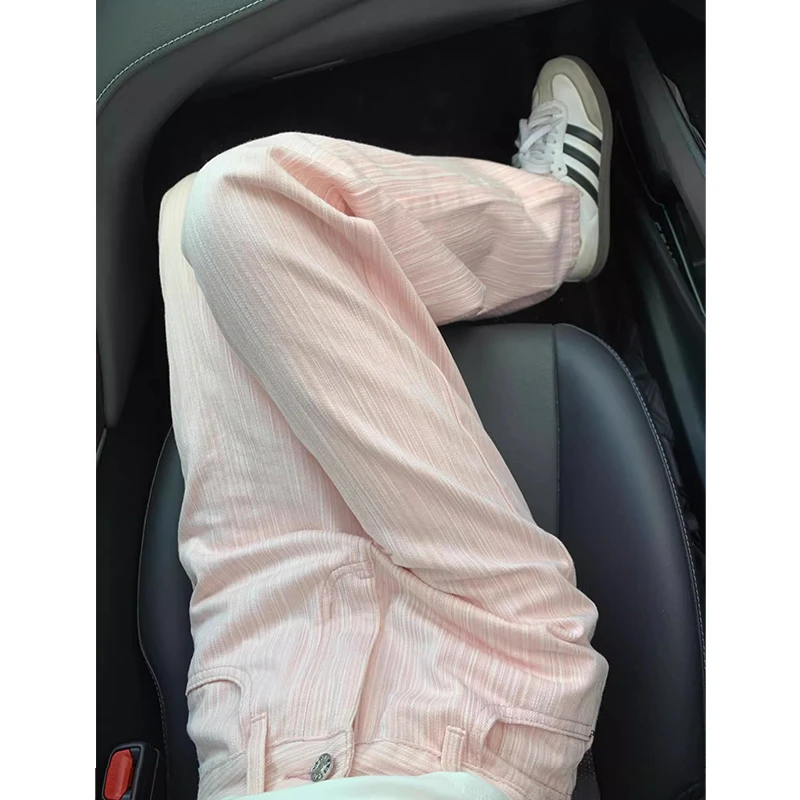 粉色条纹肌理阔腿牛仔裤女2025春夏新款欧若风宽松显瘦垂感拖地裤