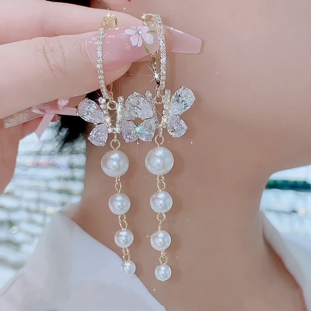 铜合金耳饰 法式重工长款蝴蝶珠珠耳环2025新款轻奢灵动耳饰C267