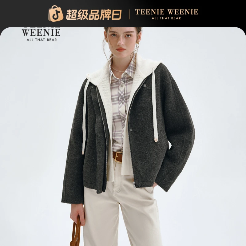 TeenieWeenie小熊女毛呢外套25简约时髦宽松连帽大衣TTJW258TW7A