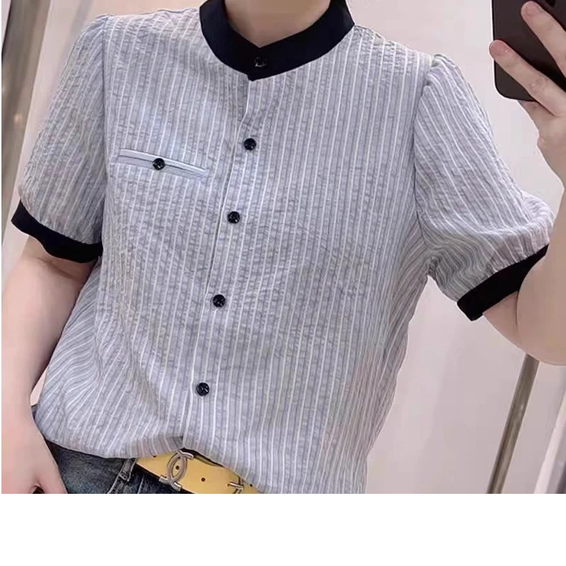 【靓衣园】时尚撞色立领竖条宽松洋气短袖衬衫（49）