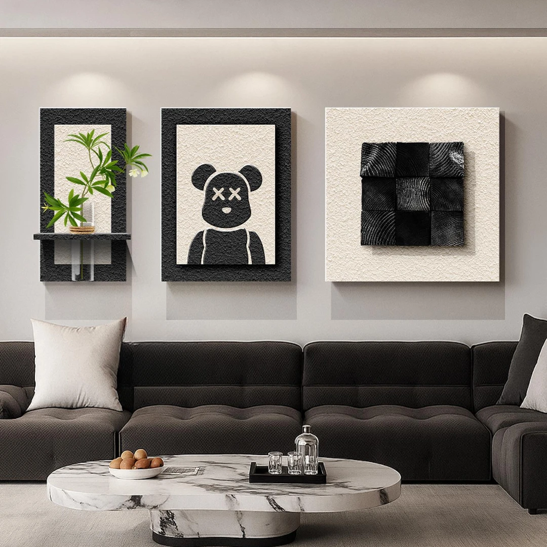 现代简约客厅装饰画高级感暴力熊沙发背景墙挂画立体三联实木壁画